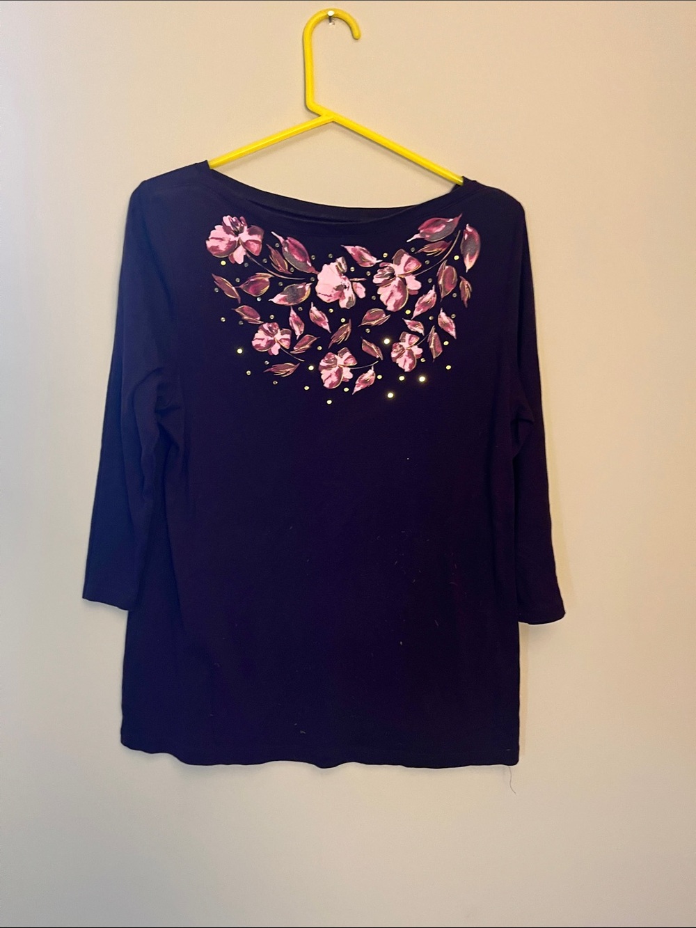 croft & barrow Black Long Sleeve Top with Pink Floral Embellishment